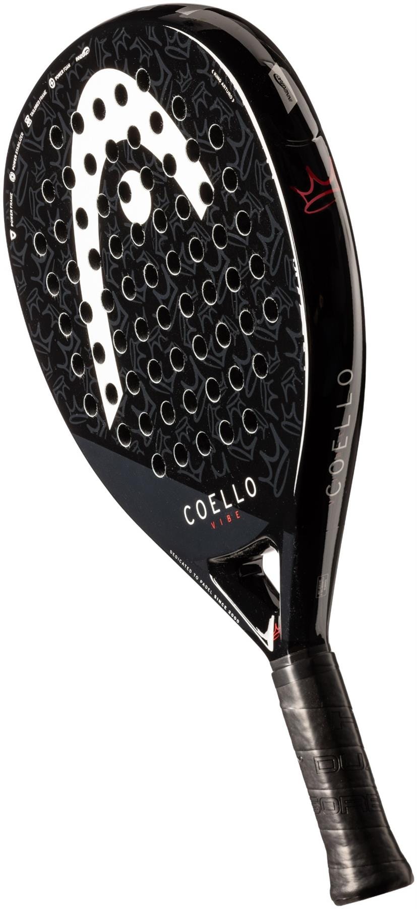 The HEAD Coello Vibe 2025 Padel Racket - Black features a textured surface, round holes, a wrapped grip handle, and Arturo Coello’s signature—ideal for beginners seeking quality from HEAD.