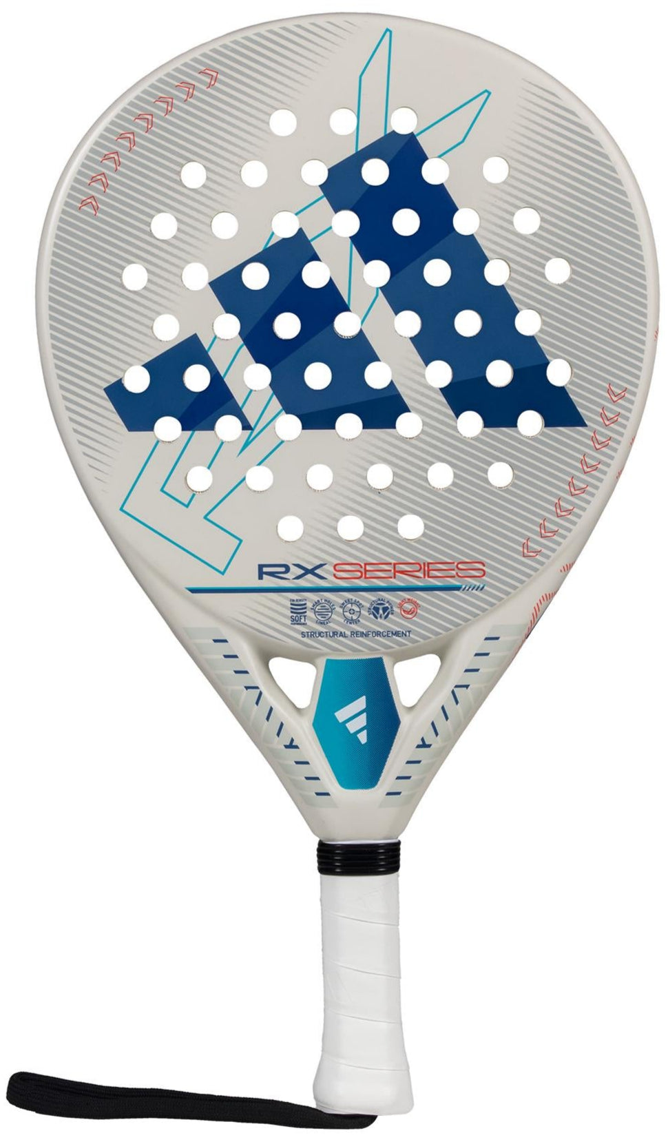The ADIDAS RX Series Light 3.4 Padel Racket by adidas is ideal for intermediate players. It features a teardrop shape with a pink base, geometric design, circular perforations, and a handle wrapped in white grip tape with an attached black wrist strap.