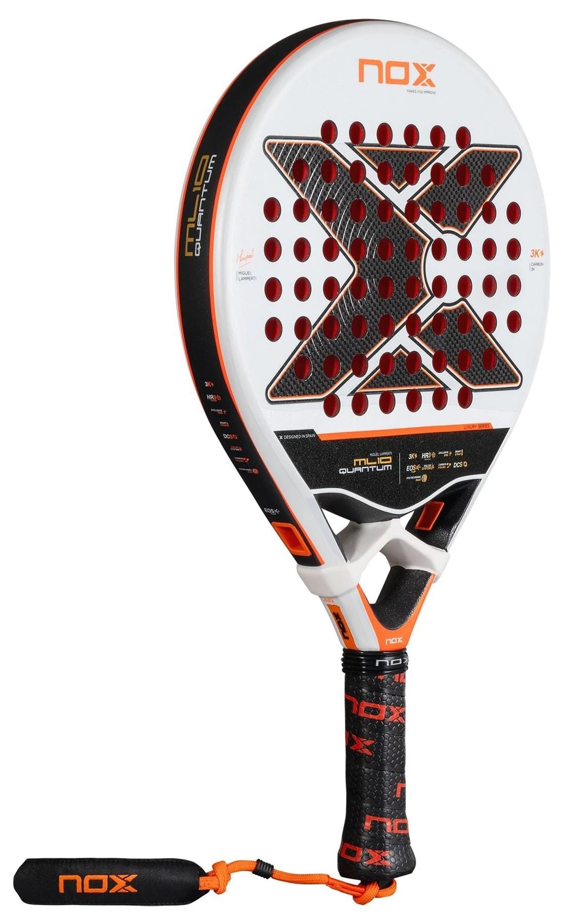 The NOX ML10 Luxury Quantum 3K By Miguel Lamperti 2025 is a hybrid padel racket with a white, black, and red design, HR3 rubber, large center "X", circular face holes, and a black grip with orange NOX branding.