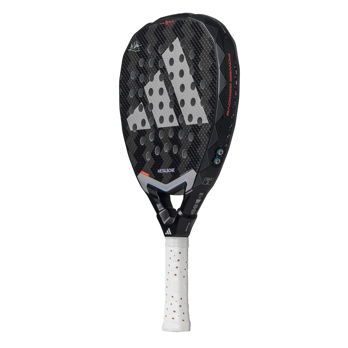 The ADIDAS Metalbone 3.4 Padel Racket in Black/White is ideal for advanced players. It features a textured surface with white circles, an angular head design, and prominently displays the logo on its face. The handle is wrapped in a white grip with red dots.