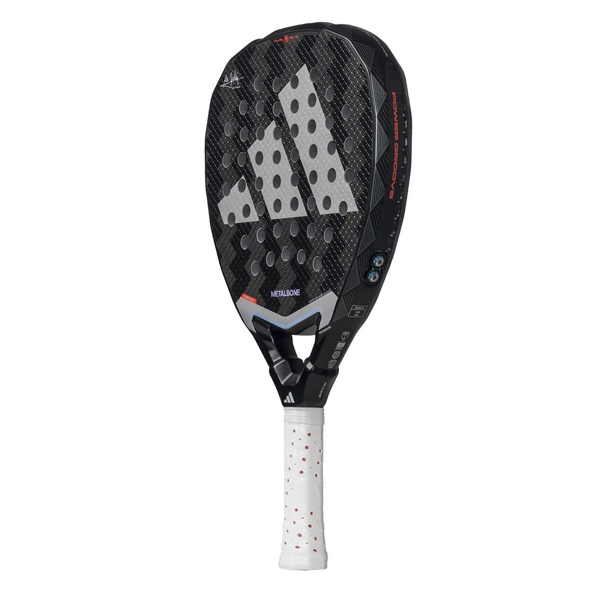 The ADIDAS Metalbone 3.4 Padel Racket in Black/White is ideal for advanced players. It features a textured surface with white circles, an angular head design, and prominently displays the logo on its face. The handle is wrapped in a white grip with red dots.