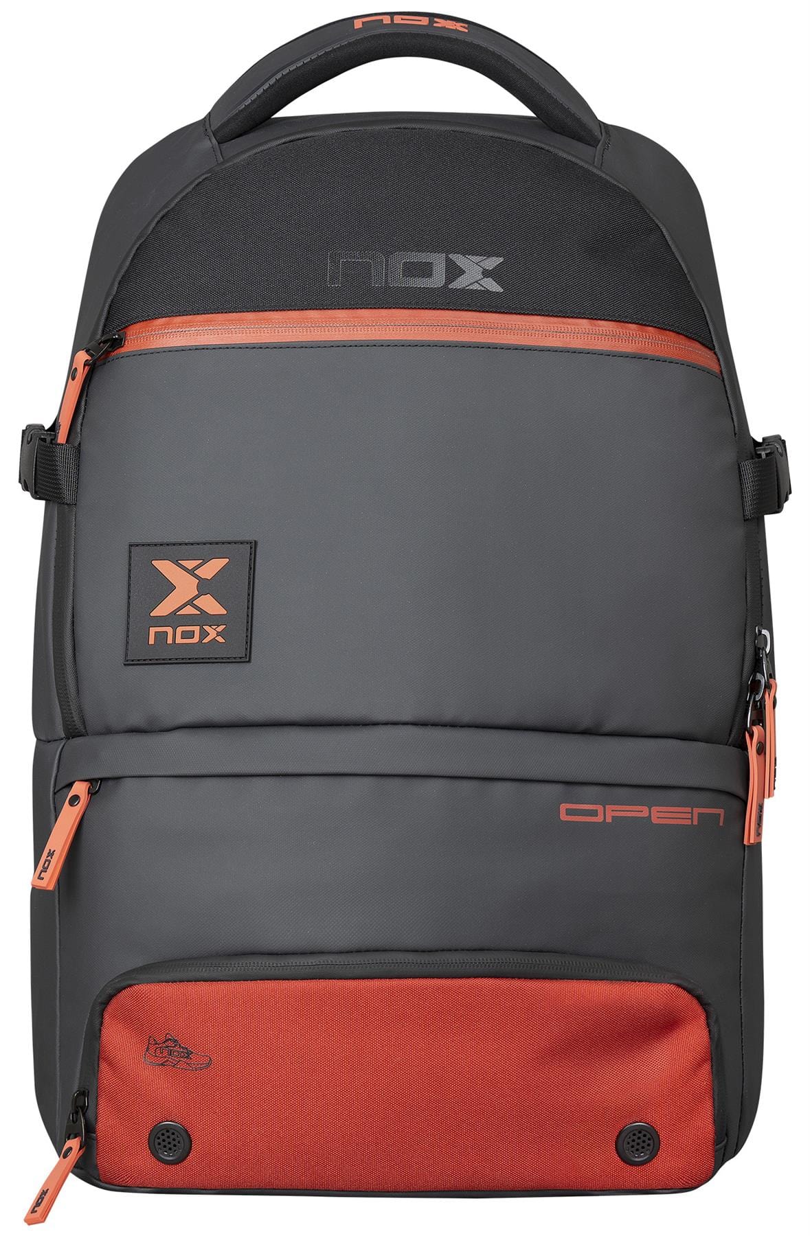 The NOX Luxury Open Series Padel Backpack - Black / Red features technical materials, multiple zippered compartments with orange pulls, ergonomic padded straps, and "NOX" and "OPEN" logos on the front.