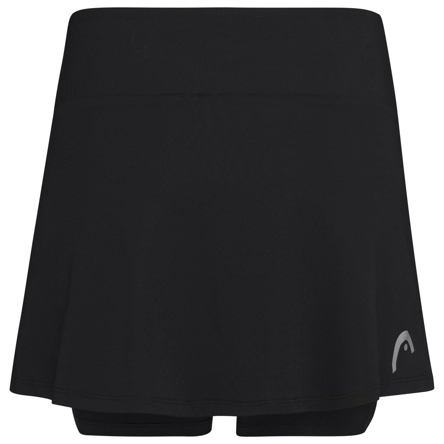 The HEAD Women's Club Basic Padel Skort in black features integrated shorts and a flared design. It uses MXM Technology for excellent moisture control, boasts a small logo near the hem, and is made from smooth, stretchy fabric for comfortable athletic performance.
