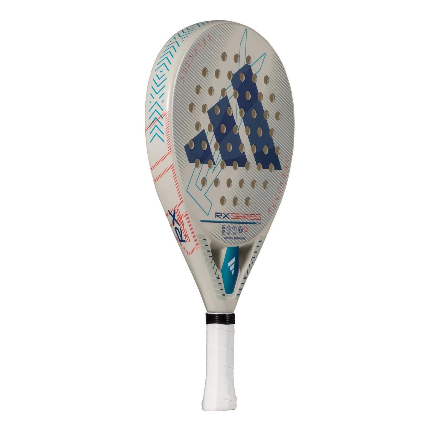 The ADIDAS RX Series Light 3.4 Padel Racket, ideal for intermediate players, sports a white and beige design with a large blue logo, geometric patterns, and small perforations in the head. It features a white grip tape handle for optimal ventilation and style.