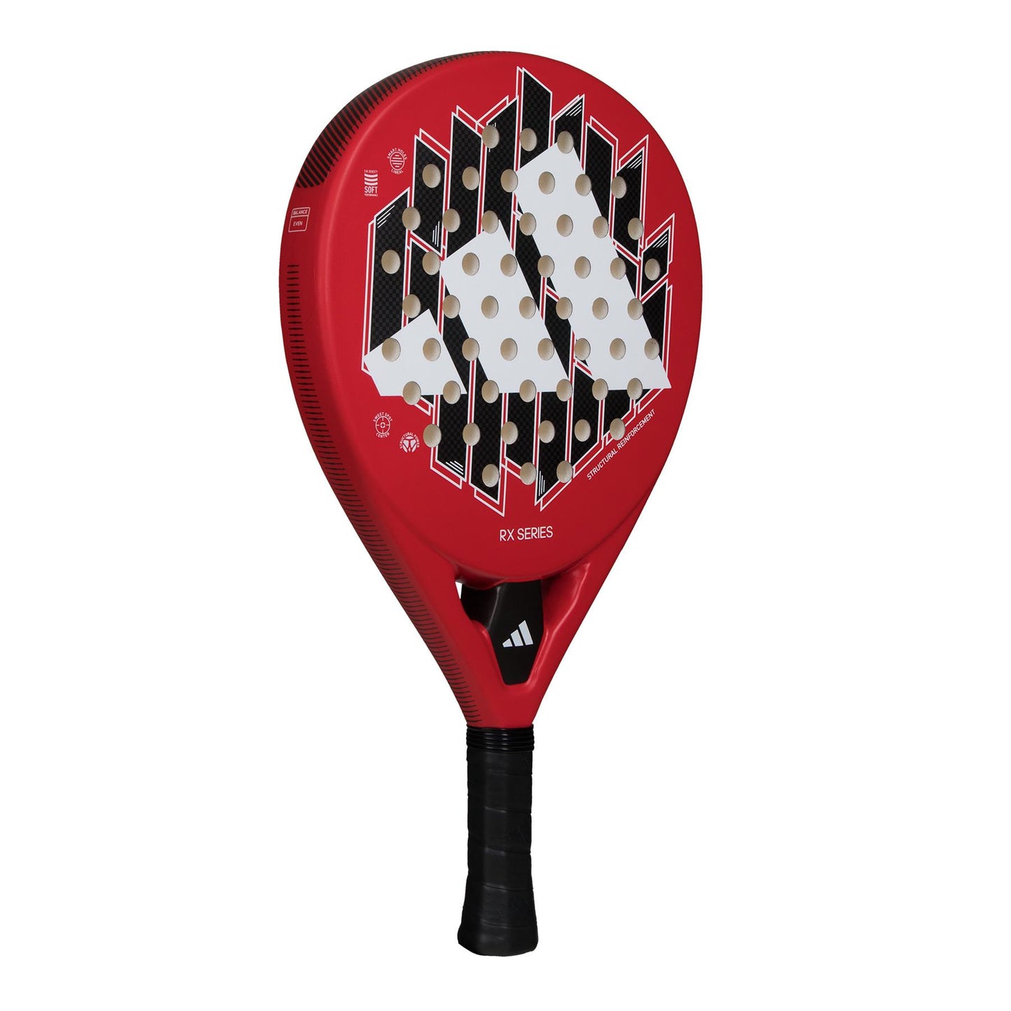 The ADIDAS RX Series Padel Racket - Red from adidas features a striking red and black design with a unique geometric pattern, accompanied by circular holes and a black grip handle. The racket's fiberglass construction combined with soft performance EVA rubber provides excellent playability on the court.