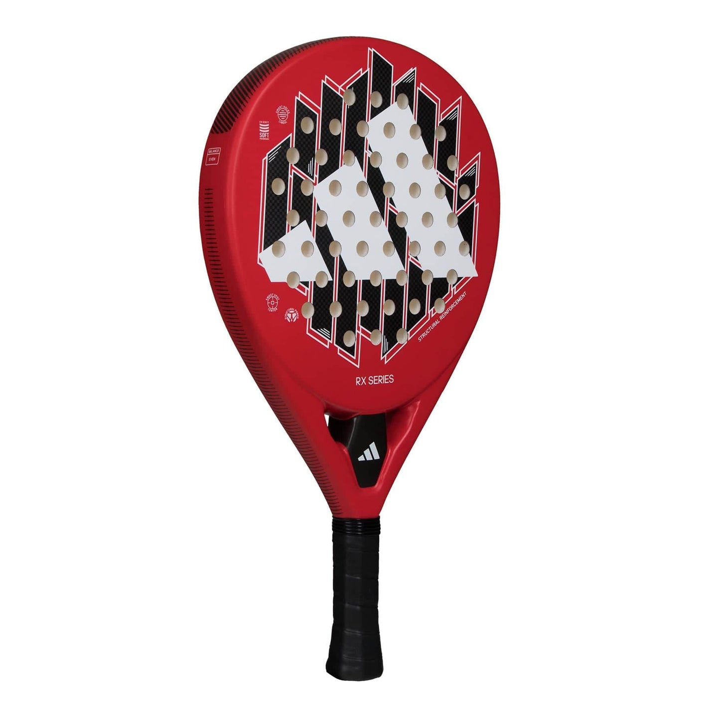 The ADIDAS RX Series Padel Racket - Red from adidas features a striking red and black design with a unique geometric pattern, accompanied by circular holes and a black grip handle. The racket's fiberglass construction combined with soft performance EVA rubber provides excellent playability on the court.