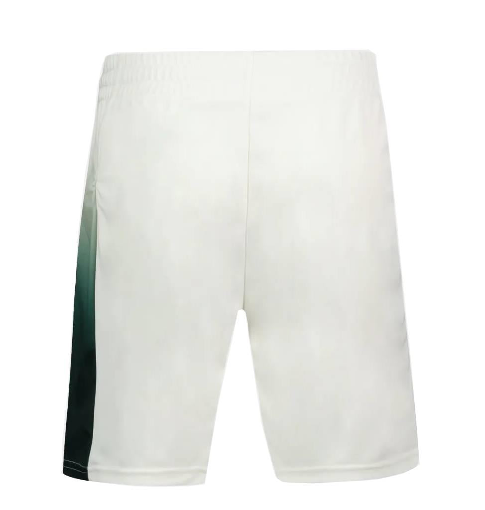 Back view of Le Coq Sportif Pro Mens Padel Shorts - Marshmallow, featuring an elastic waistband and a subtle dark gradient on the left, made from breathable fabric for superior comfort.