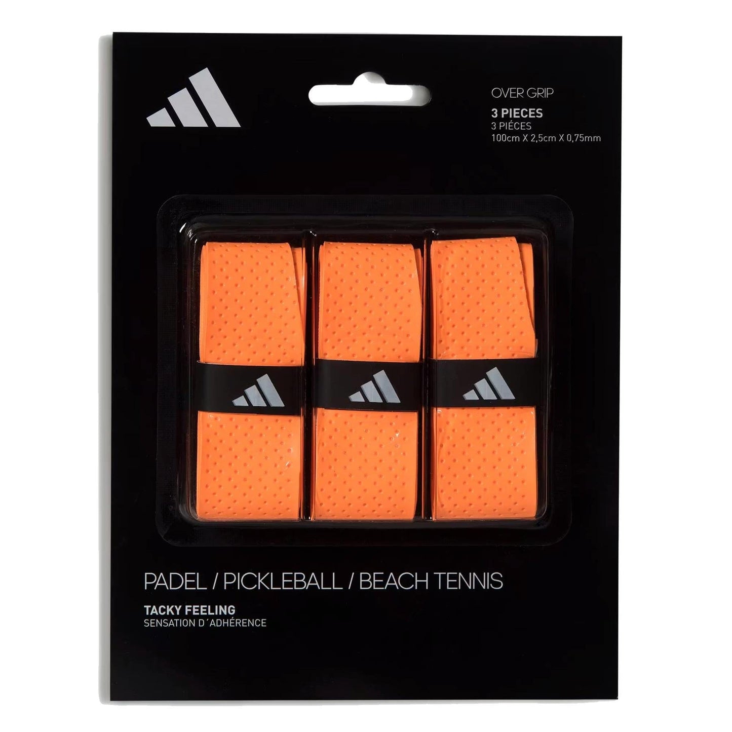 The adidas Padel Overgrips (3 Pack) in orange offer comfort and performance with micro-perforations. Suitable for padel, pickleball, or beach tennis; features adidas branding on sleek black-and-white packaging.