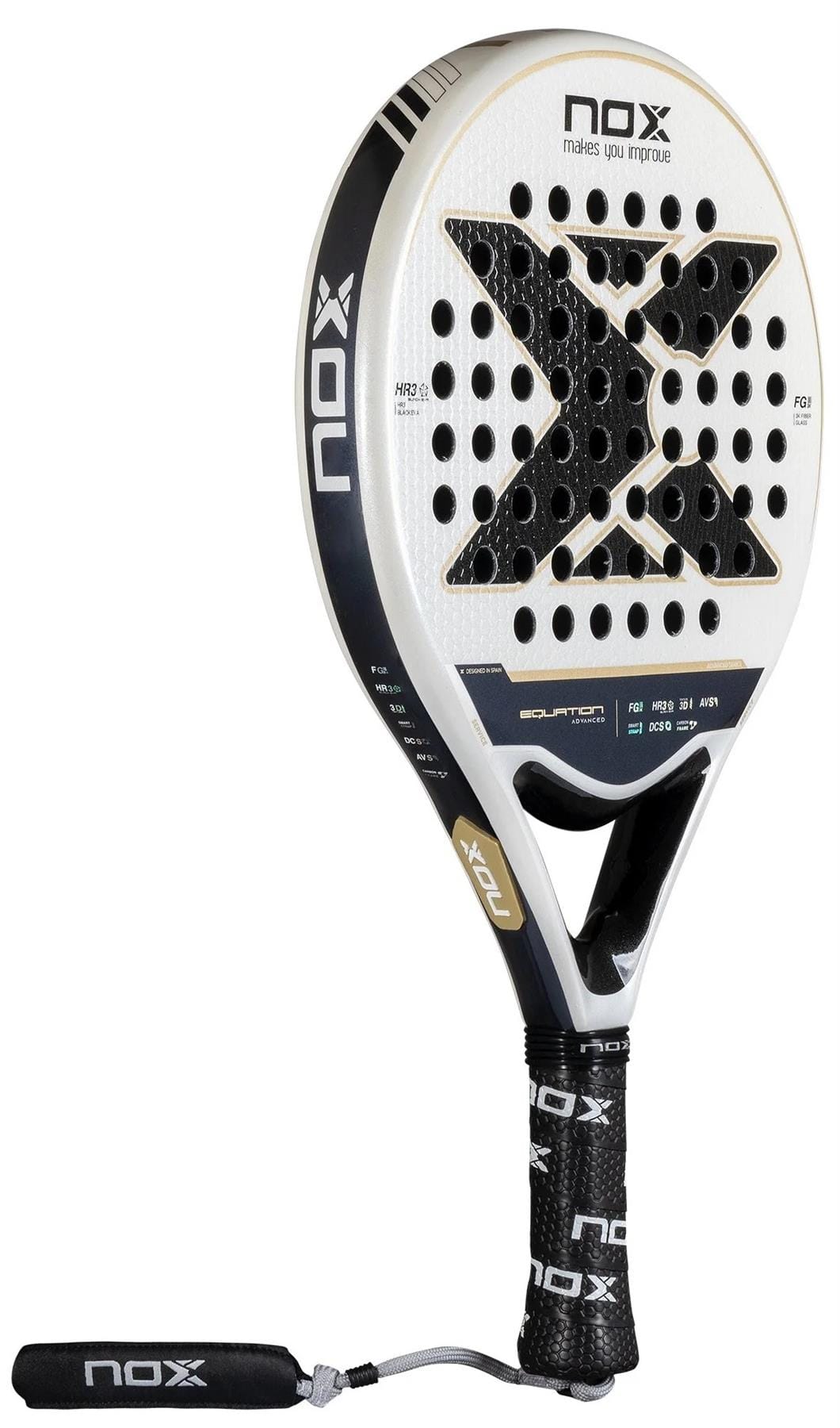 The NOX Equation Advance Series Padel Racket in white and black features a large black X, perforated holes, anti-vibration system for comfort, and a black grip with wrist strap—ideal for intermediate players.
