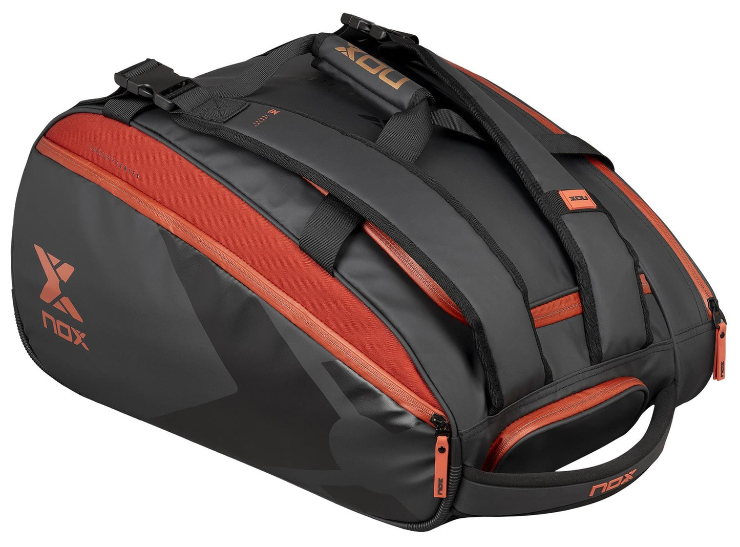 The NOX Luxury Open Series Padel Racket Bag in black/red features "NOX" branding, two shoulder straps, a handle, multiple zippered compartments, and ThermoTech technology for enhanced gear protection.