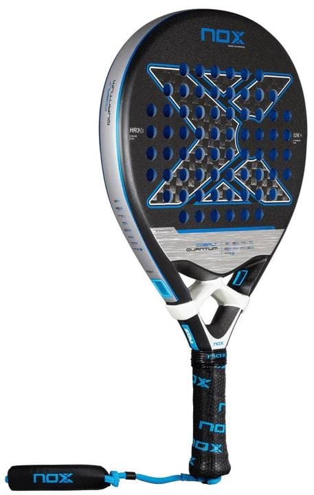 The NOX Luxury Quantum 12K Cobalt 2025 Padel Racket in black and blue features 12K carbon fibre, a large X design, perforated holes, and a black grip with wrist strap—ideal for fans of NOX’s Luxury Quantum COBALT innovation.