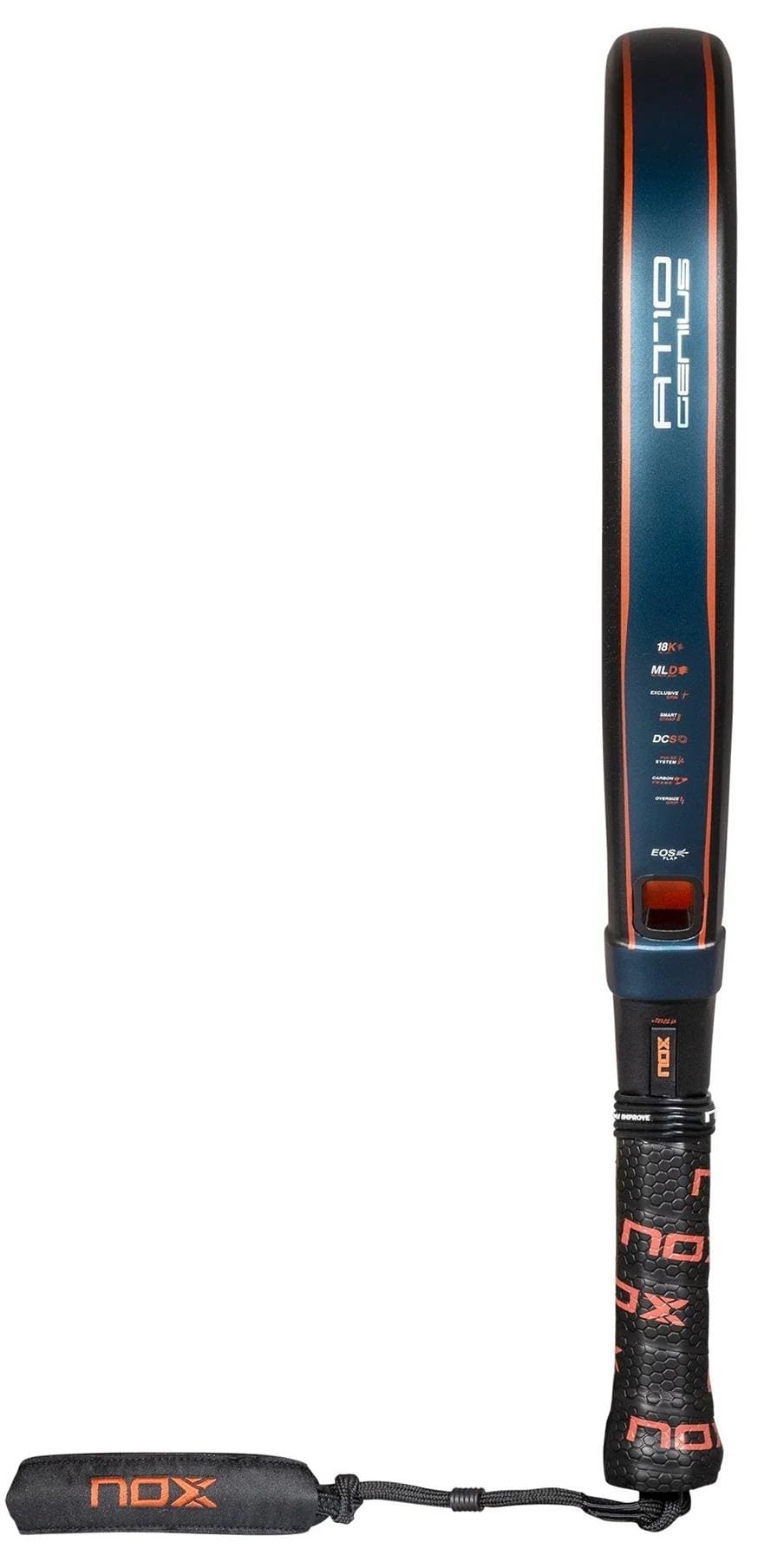 The NOX AT10 Luxury Genius Attack 18K Alum By Agustin Tapia 2025 padel racket features black and orange design, padded handle, wrist strap, and branded grip and frame.