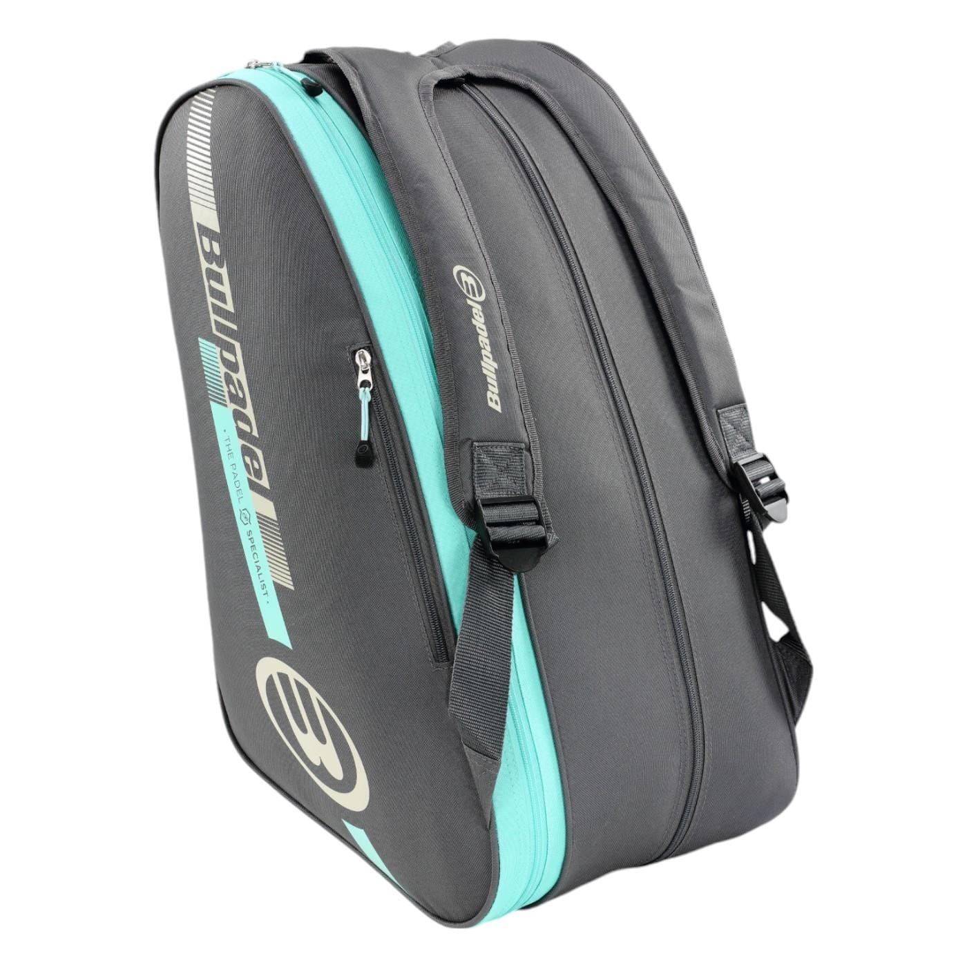 The Bullpadel Tour 25 Padel Racket Bag in grey boasts the "BMW Padel" text and logo, has multiple zippered compartments, adjustable shoulder straps, and a padded racket compartment, making it perfect for enthusiasts.