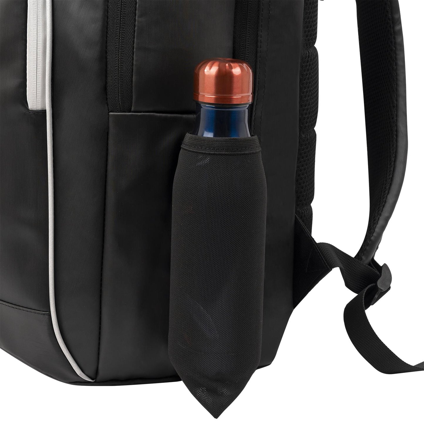 A close-up of the NOX Pro Series Padel Backpack - Black, highlighting a mesh side pocket with a dark blue water bottle and red cap. The focus is on the pocket and strap—ideal from NOX for carrying all your padel essentials.