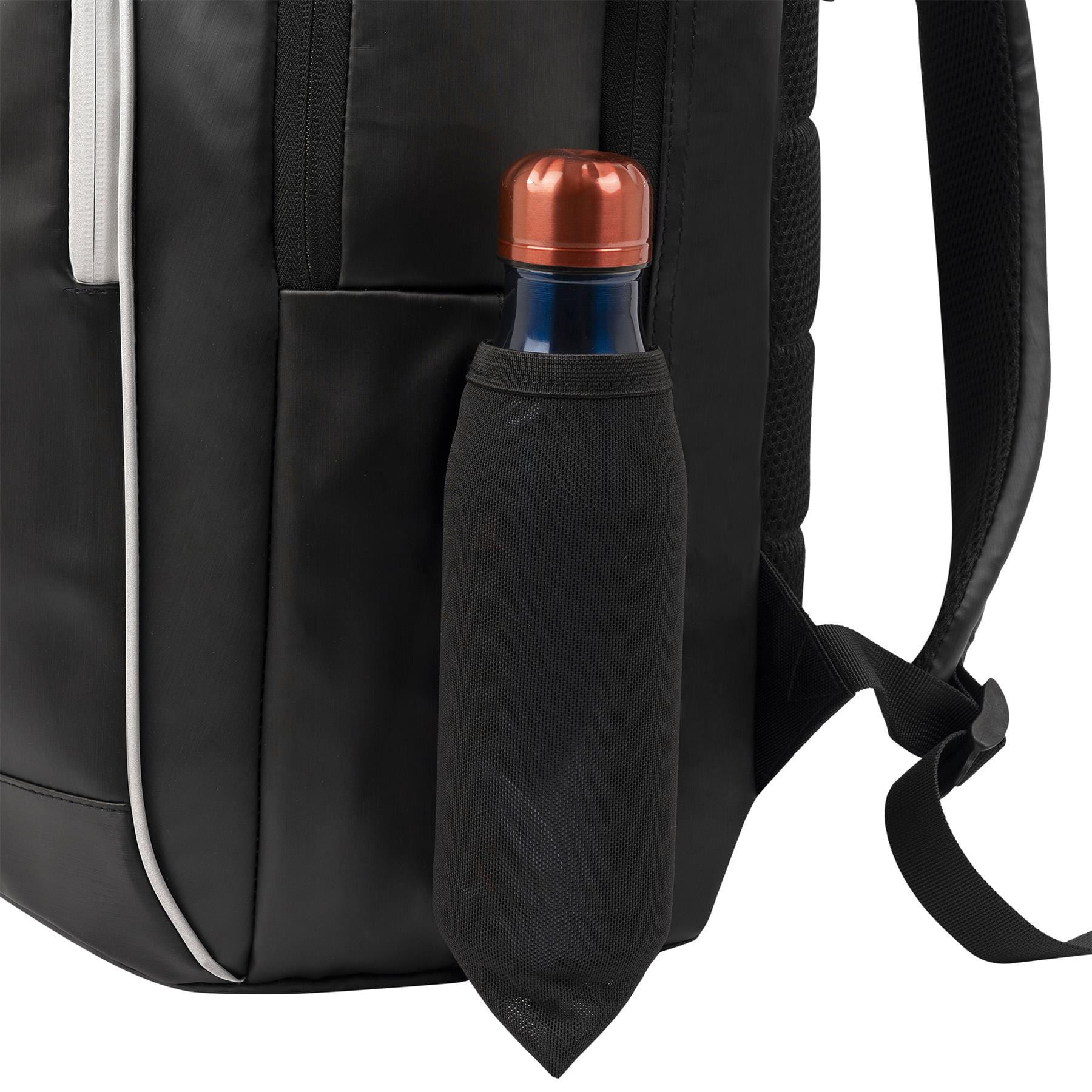 A close-up of the NOX Pro Series Padel Backpack - Black, highlighting a mesh side pocket with a dark blue water bottle and red cap. The focus is on the pocket and strap—ideal from NOX for carrying all your padel essentials.