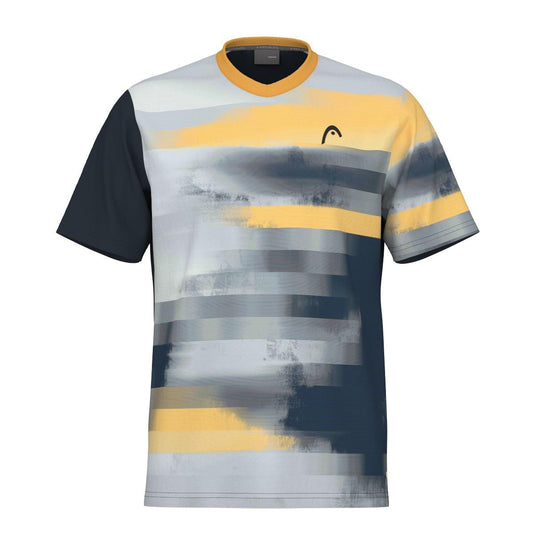 Introducing the HEAD Vision Topspin Men's Padel T-Shirt - NVXV by HEAD, featuring an abstract design with horizontal stripes in shades of yellow, gray, and dark blue. This sporty shirt is made from moisture transfer microfiber and includes short sleeves and a round neckline for maximum comfort on the court.