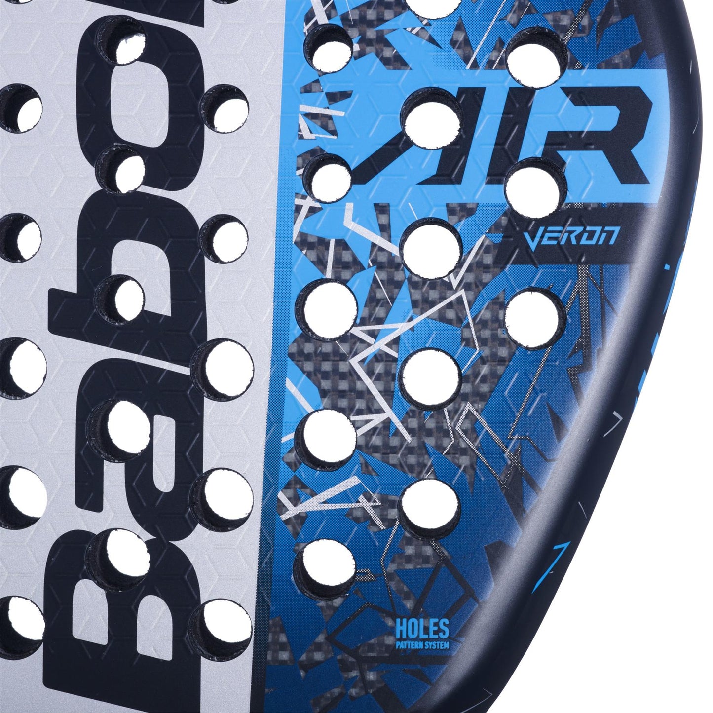 Close-up of a Babolat Air Veron 2.5 Padel Racket by Babolat, highlighting its black and white design on the left, transitioning to blue and black geometric patterns. With multiple circular holes, this racket is crafted for players seeking dynamic power in their game.