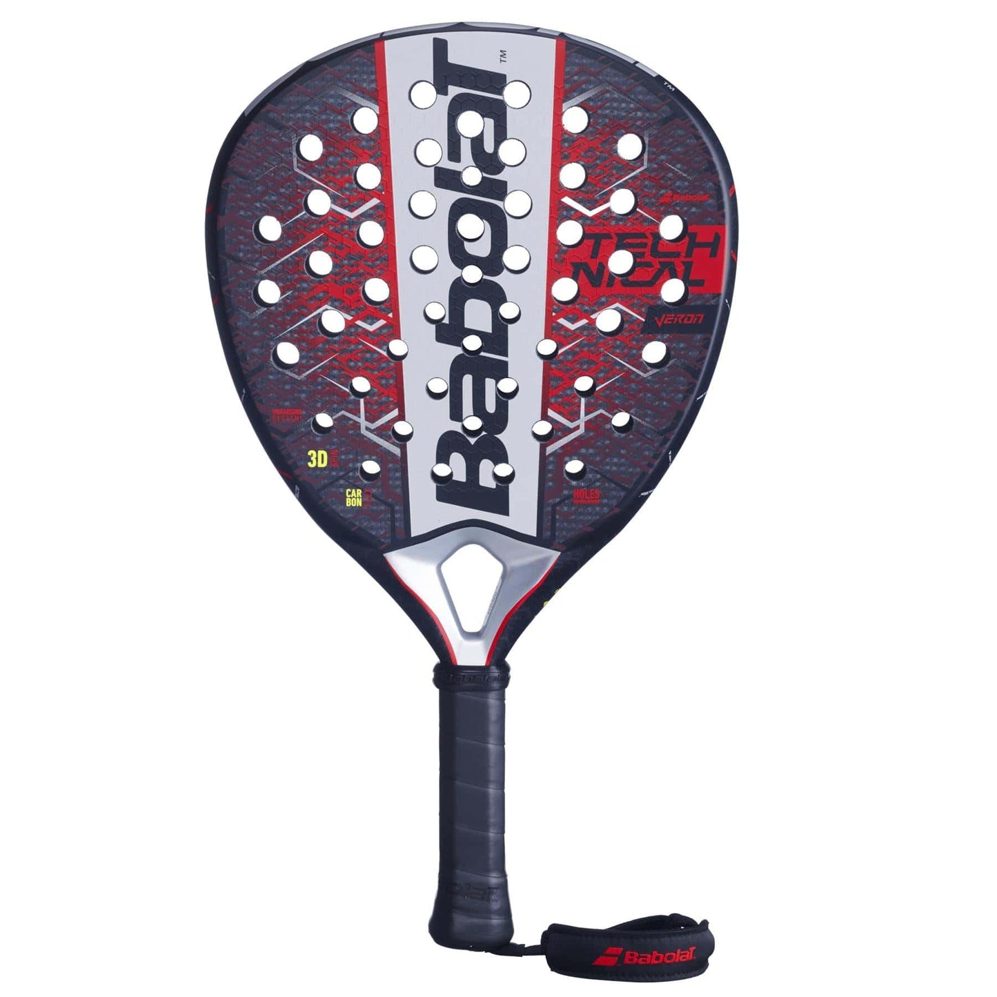 The Babolat Technical Veron 2.5 Padel Racket - Red features a red, black, and gray design with the Babolat logo, Carbon Flex face with holes, and a black grip with wrist strap.