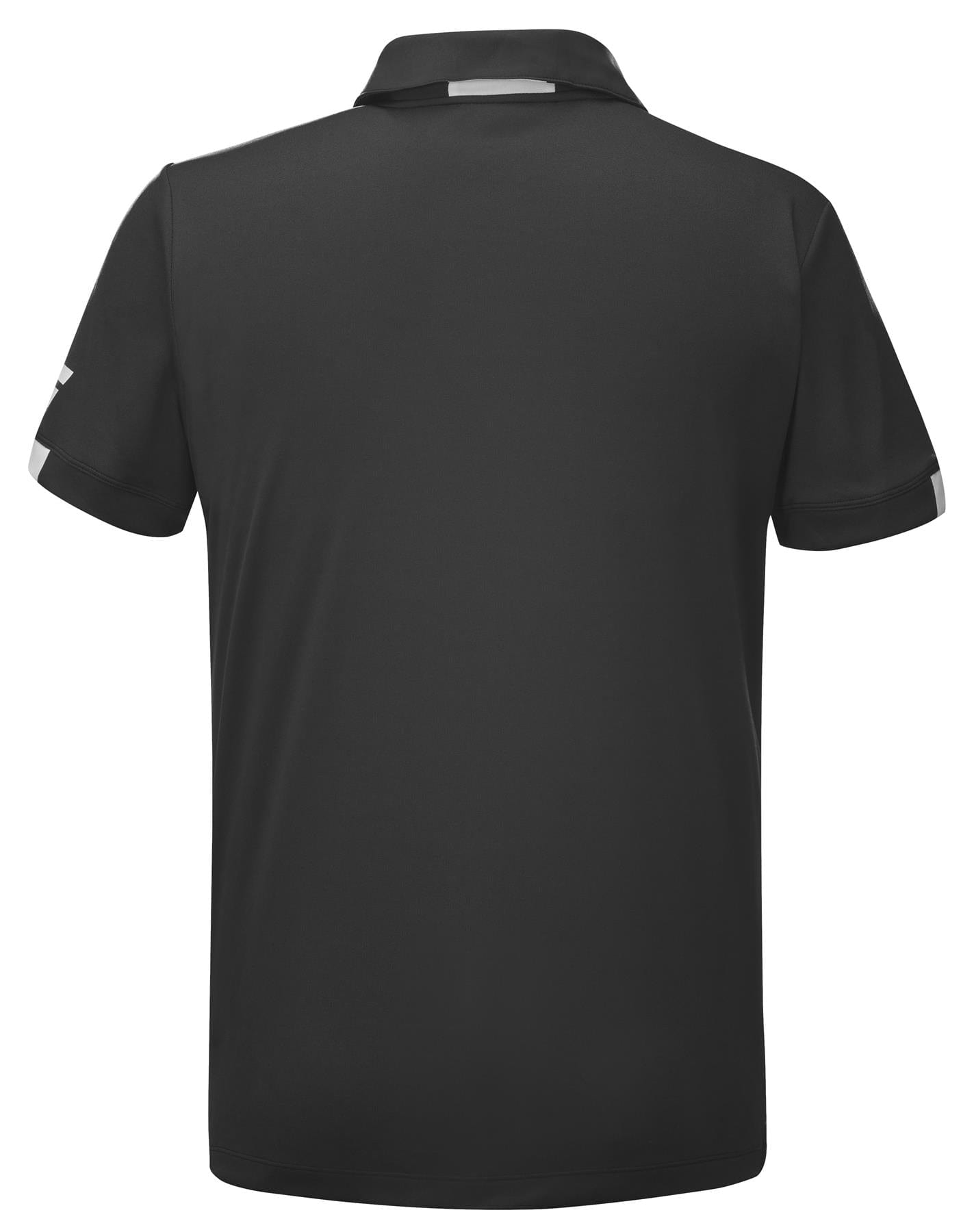 Rear view of the Babolat Play Men's Padel Polo Shirt in black, showcasing short sleeves and made from recycled polyester. The design includes a subtle white Babolat Play logo on the sleeve and a chic white detail on the collar.