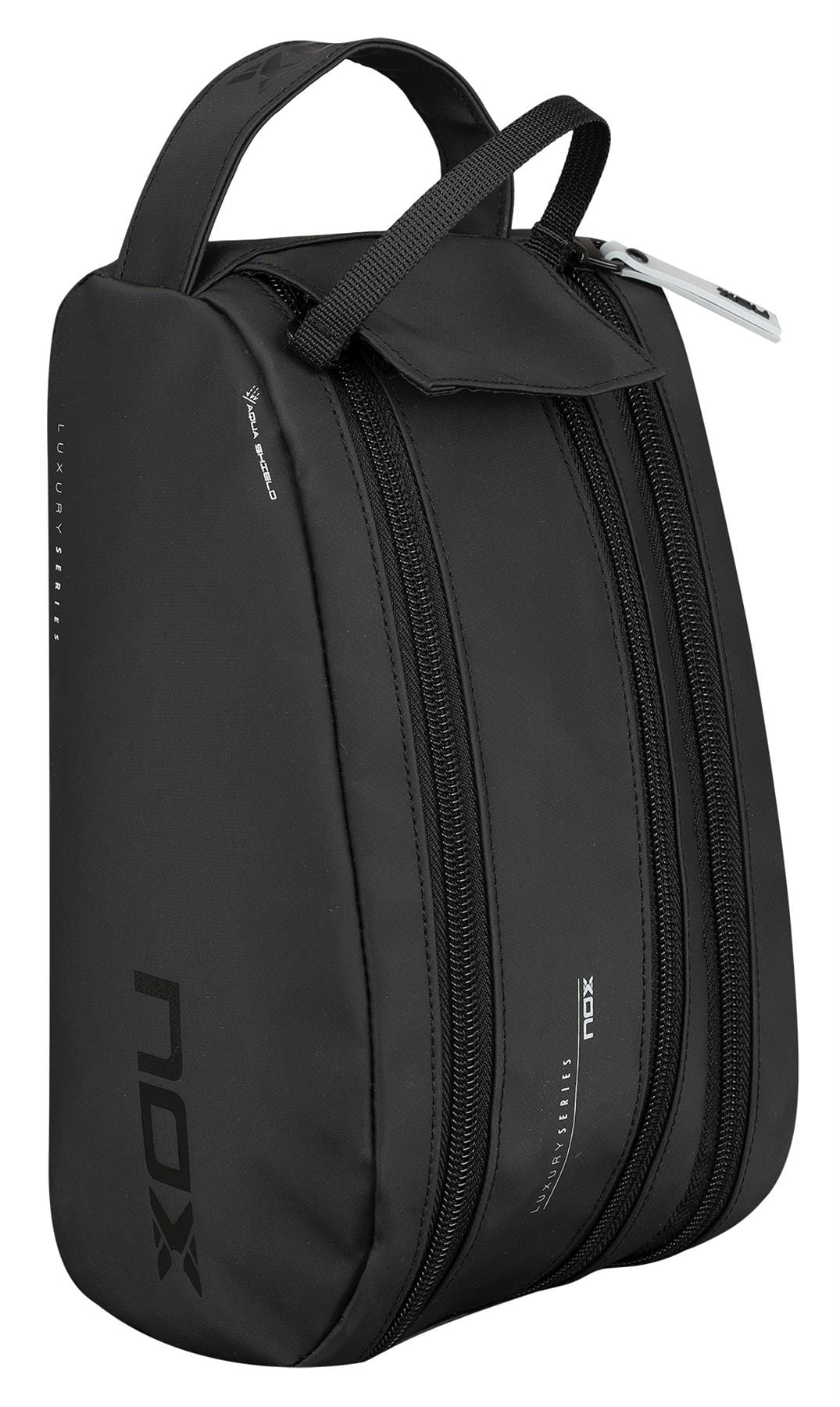 The NOX Luxury Travel Kit Bag - Black / Grey features a top handle and two zippered compartments, making it an ideal organiser for keeping essentials neat while traveling. Shown upright on a white background.