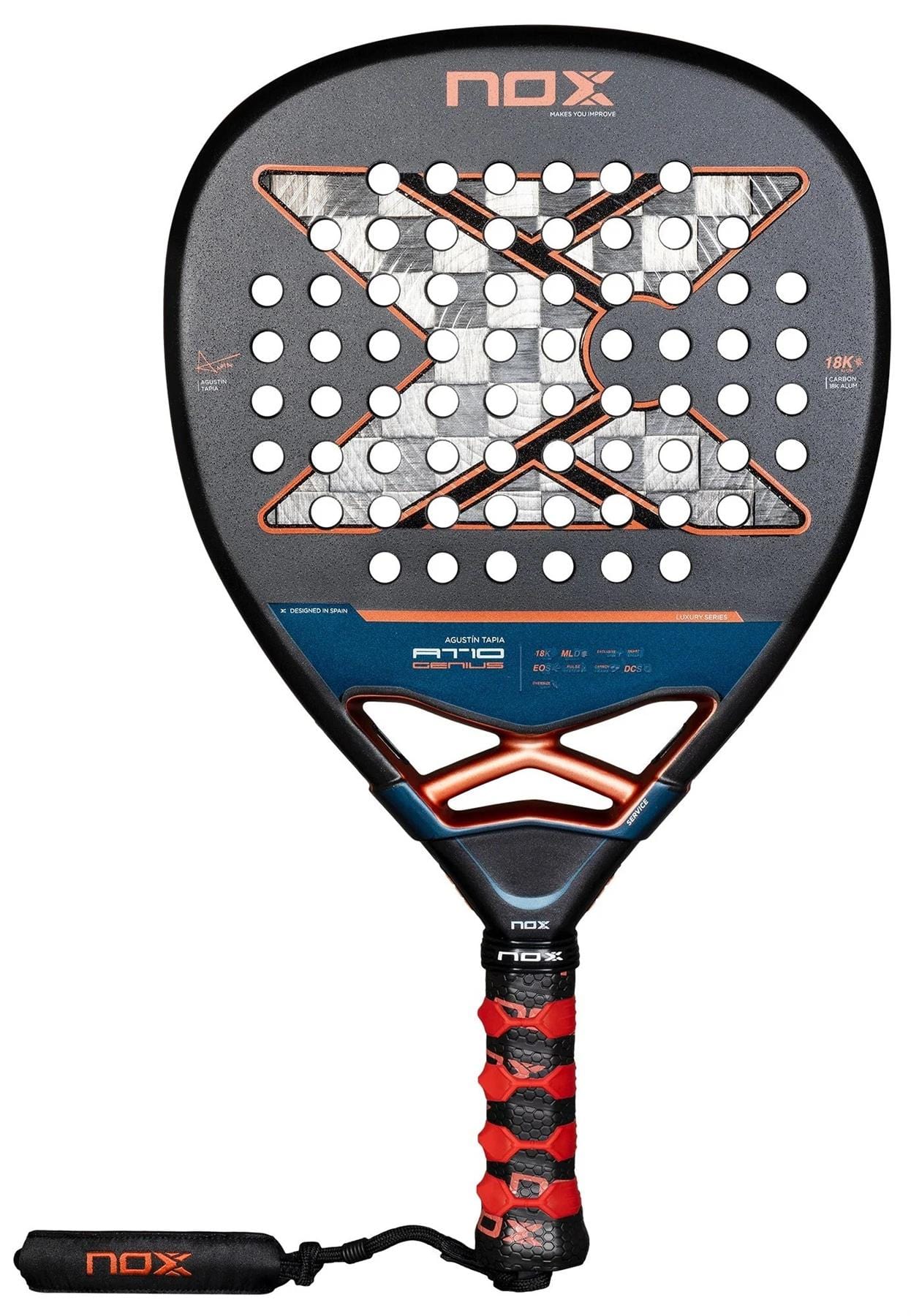 The NOX AT10 Luxury Genius Attack 18K Alum By Agustin Tapia 2025 Padel Racket features a striking "X" design, red-orange accents, a perforated face, and a red-black grip with wrist strap—inspired by Agustin Tapia.