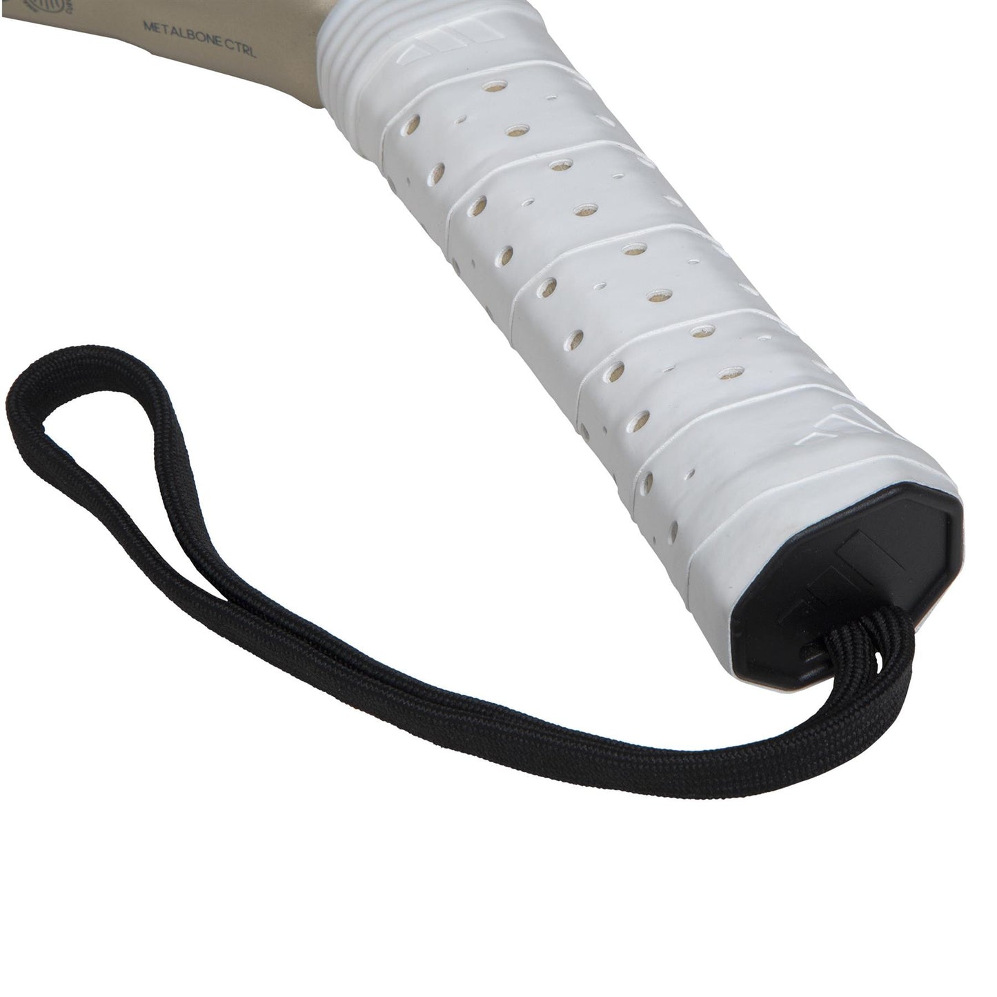 Close-up of the ADIDAS Metalbone CTRL 3.4 Padel Racket in gold. The white handle, with an octagonal design and perforated texture, features a black strap that loops loosely at the end to enhance balance.