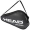 The HEAD Basic Full Size Padel Racket Cover in black features a sleek, teardrop-shaped design for optimal racket protection. It is adorned with a large white "HEAD PADEL" logo and includes a black adjustable shoulder strap for easy carrying.