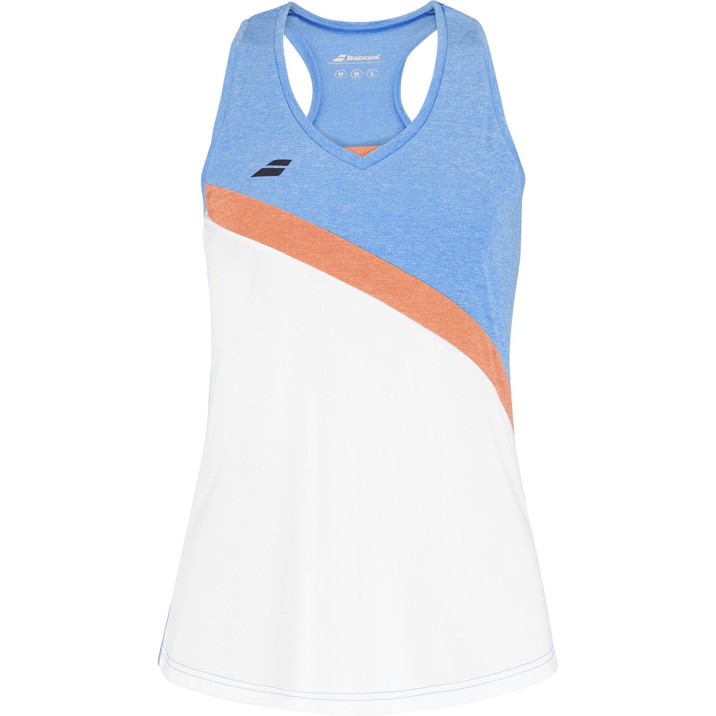 The Babolat Play Women's Padel Tank Top blends style with sustainability, featuring a racerback design made from recycled polyester. It boasts a blue upper, diagonal orange stripe across the chest, and white lower section with a small logo.