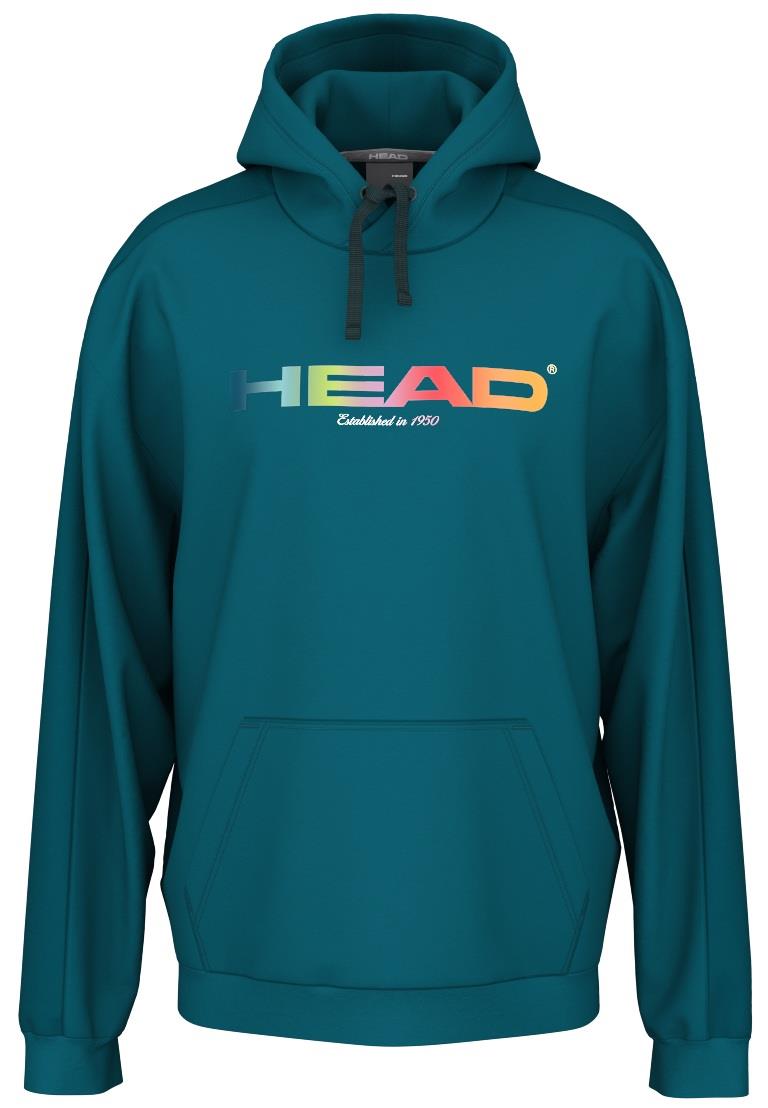 The HEAD Rally Men's Padel Hoodie in teal combines a sporty premium look with colorful gradient chest letters. Crafted from soft French terry, it features "Established in 1950" text, a drawstring hood, and a front kangaroo pocket for ultimate comfort and style.