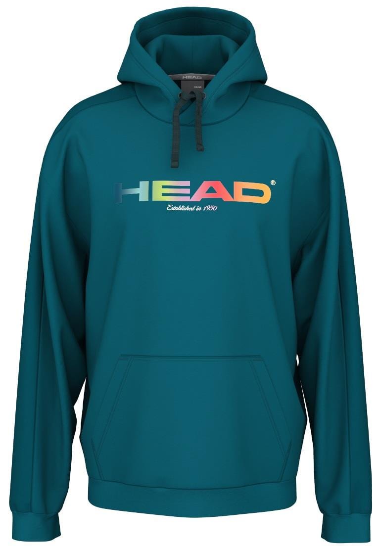 The HEAD Rally Men's Padel Hoodie in teal combines a sporty premium look with colorful gradient chest letters. Crafted from soft French terry, it features "Established in 1950" text, a drawstring hood, and a front kangaroo pocket for ultimate comfort and style.