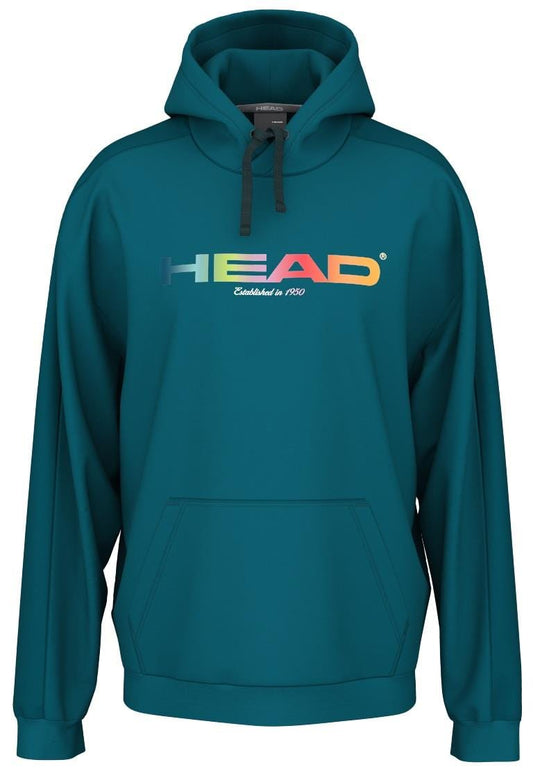 The HEAD Rally Men's Padel Hoodie in teal combines a sporty premium look with colorful gradient chest letters. Crafted from soft French terry, it features "Established in 1950" text, a drawstring hood, and a front kangaroo pocket for ultimate comfort and style.