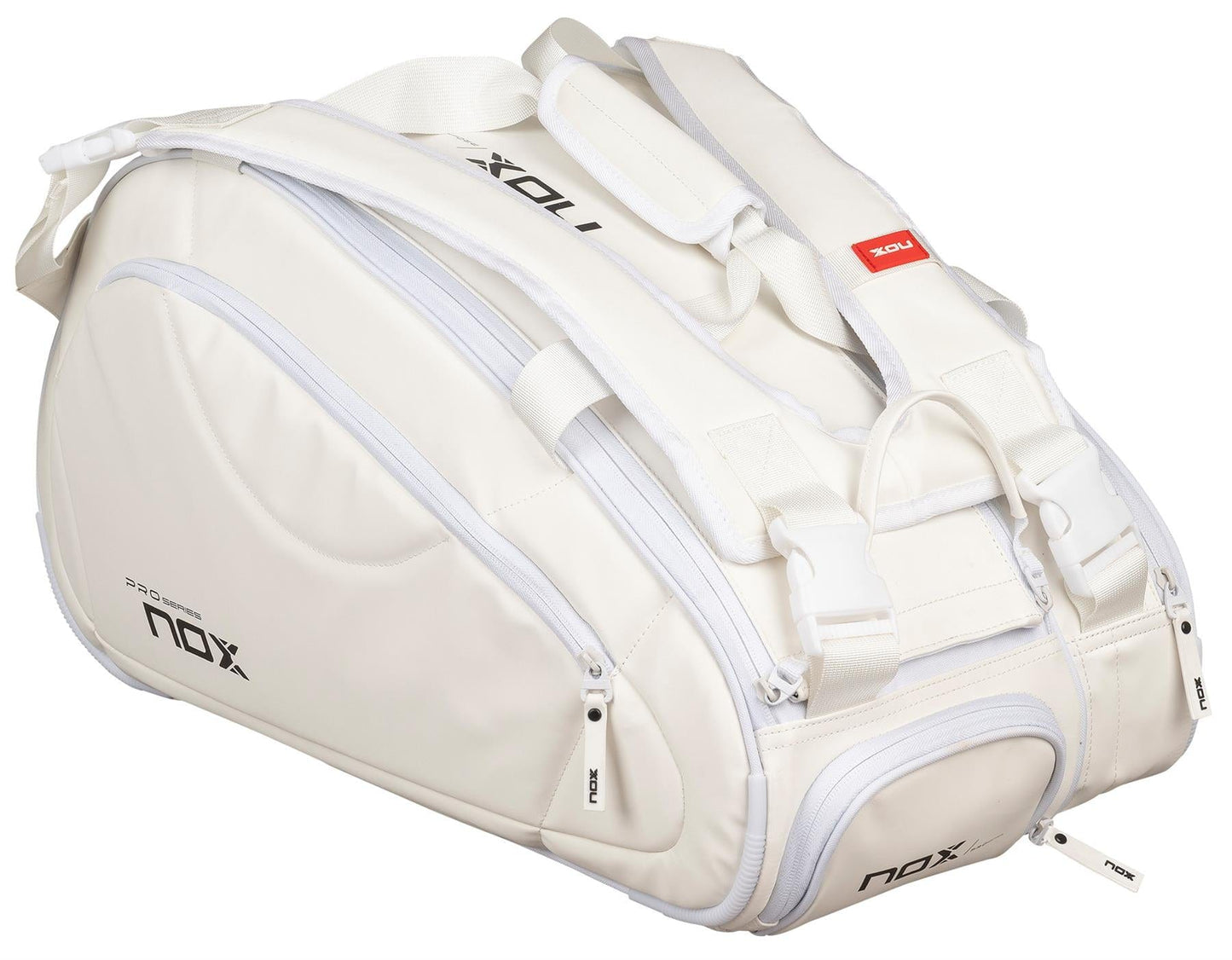 The NOX Pro Series Padel Racket Bag - White offers 45L capacity, multiple zippered compartments, padded shoulder strap, and features NOX ThermoTech branding on the front and zippers.