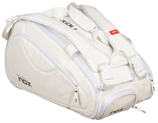 The NOX Pro Series Padel Racket Bag - White offers 45L capacity, multiple zippered compartments, padded shoulder strap, and features NOX ThermoTech branding on the front and zippers.