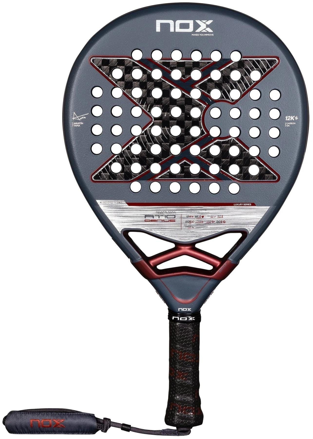 The NOX AT10 Luxury Genius 12K By Agustin Tapia 2025 Padel Racket features a teardrop shape, gray and black design with a bold "X", durable 12K carbon fibre, Exclusive Spin tech, and comes with a black grip and wrist strap.