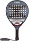 The NOX AT10 Luxury Genius 12K By Agustin Tapia 2025 Padel Racket features a teardrop shape, gray and black design with a bold "X", durable 12K carbon fibre, Exclusive Spin tech, and comes with a black grip and wrist strap.