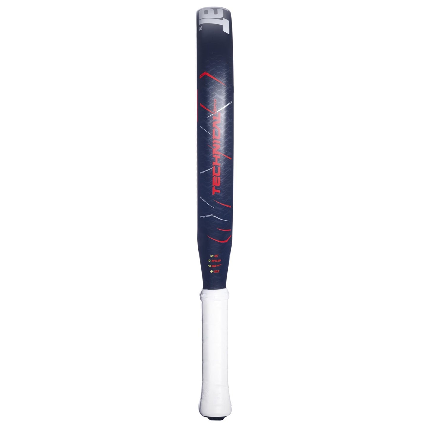 A red and black Babolat Technical Vertuo 2.5 padel racket, shown upright with a white grip handle against a white background, is designed for precision and effortless power in every swing.
