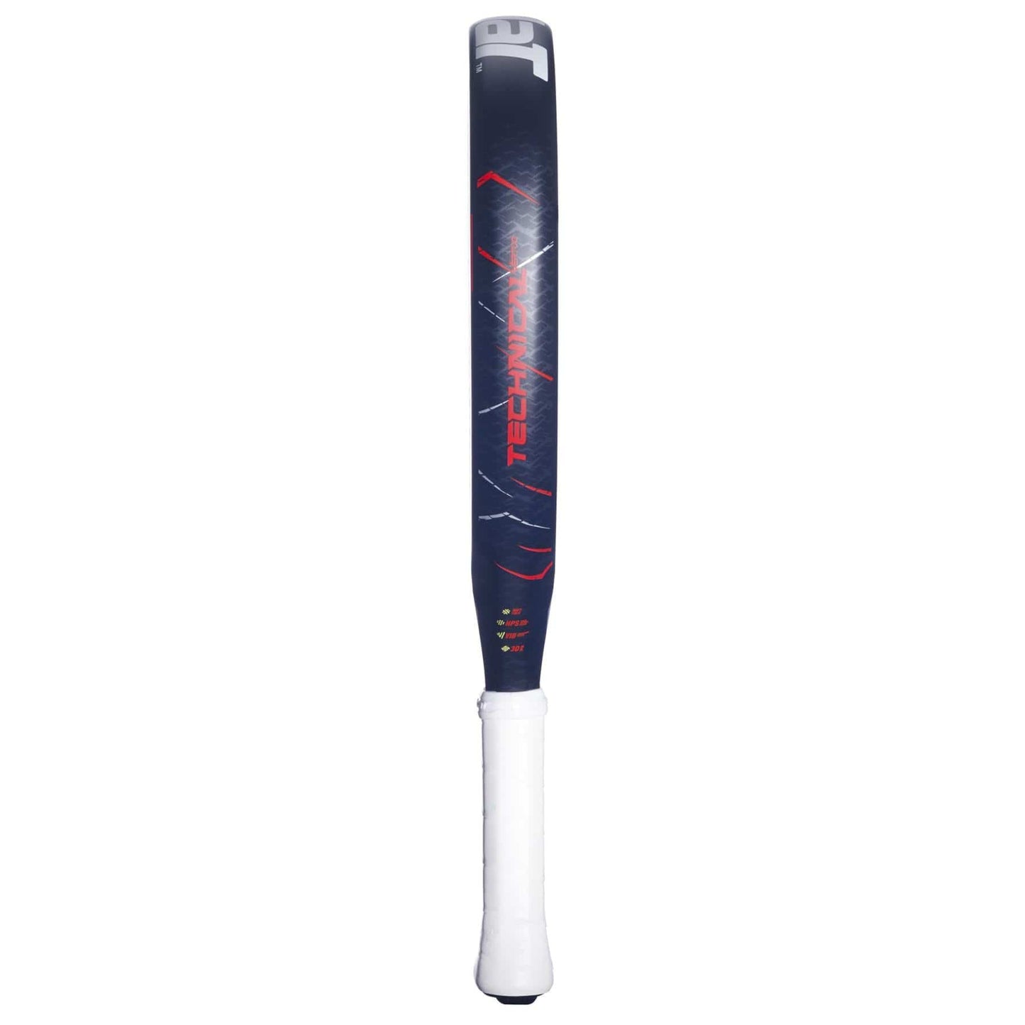 A red and black Babolat Technical Vertuo 2.5 padel racket, shown upright with a white grip handle against a white background, is designed for precision and effortless power in every swing.