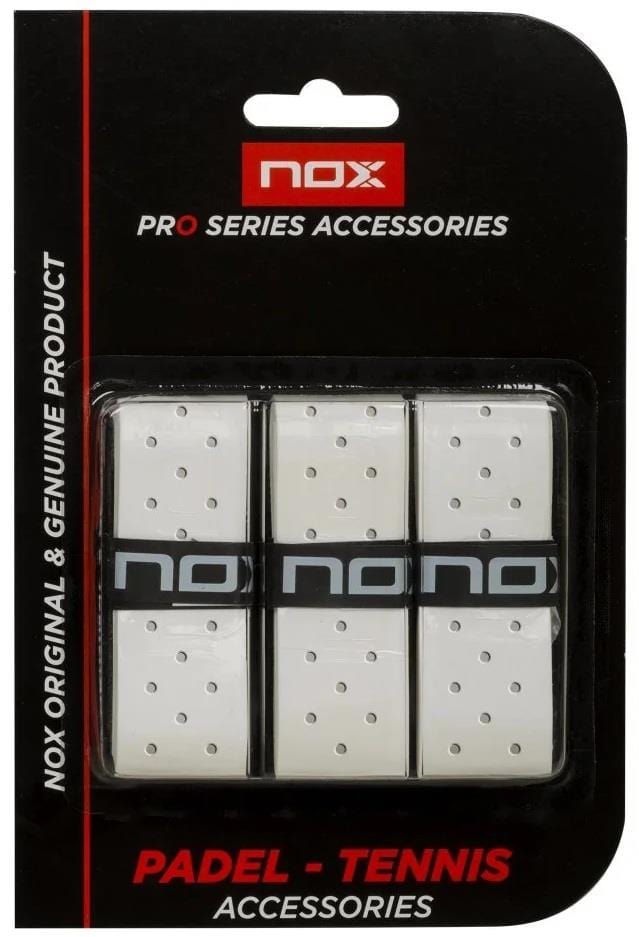 The NOX Pro Perforated Padel Overgrips - White (3 Pack) enhance breathability and comfort while reducing vibrations for better performance. Supplied by NOX in black and red packaging, they're ideal for padel or tennis.