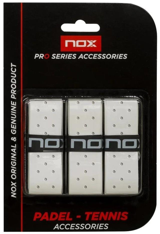 The NOX Pro Perforated Padel Overgrips - White (3 Pack) enhance breathability and comfort while reducing vibrations for better performance. Supplied by NOX in black and red packaging, they're ideal for padel or tennis.