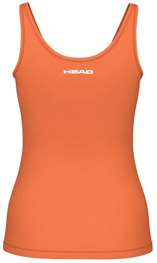 The HEAD Spirit II Women's Padel Tank Top - CN is a stylish orange athletic top with "HEAD" in white on the chest. It features moisture transfer microfiber and cooling technology, designed with a fitted look and round neckline for optimal performance and style.