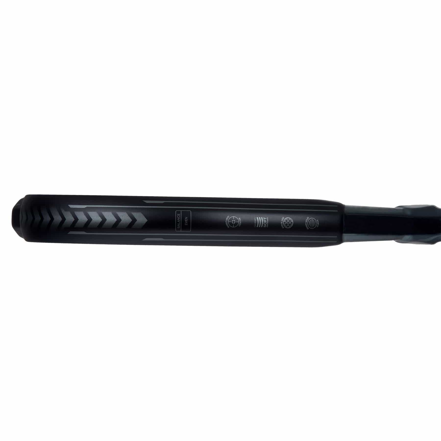 The sleek, black ADIDAS Metalbone Carbon CTRL 3.3 Padel Racket by adidas features a glossy 6K Carbon finish for durability, three textured buttons on the top side, and a digital display near the buttons to show temperature settings.