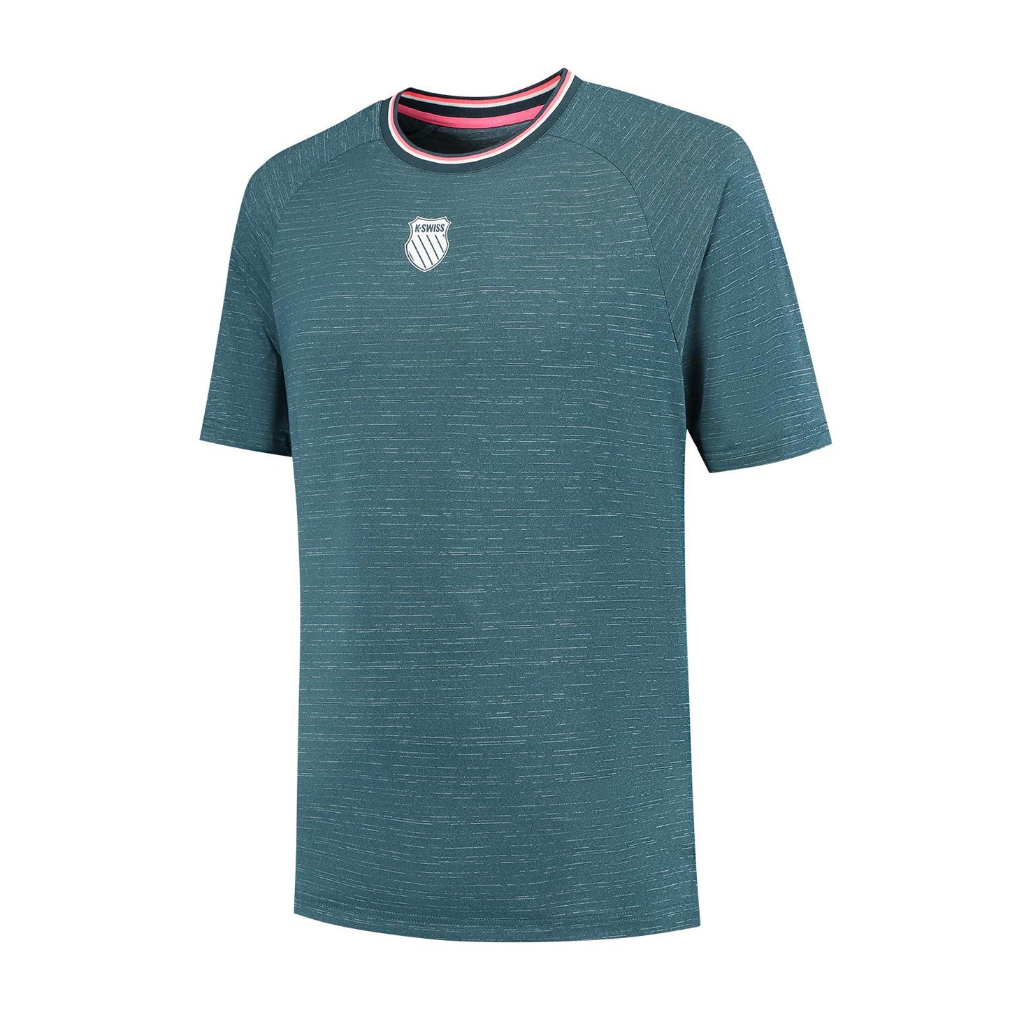 Introducing the K-Swiss Hypercourt Men's Melange 3 Padel T-Shirt in Stargazer: A teal athletic tee for performance players with a horizontal textured pattern. The round neck features red, white, and blue stripes inside the collar, complemented by a white crest logo on the left chest.