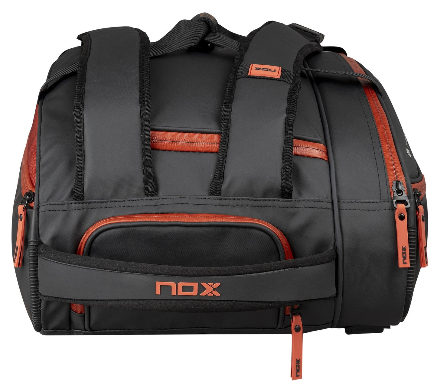 The NOX Luxury Open Series Padel Racket Bag in black with red accents, featuring multiple compartments, padded shoulder straps, and NOX ThermoTech technology, is displayed against a white background.