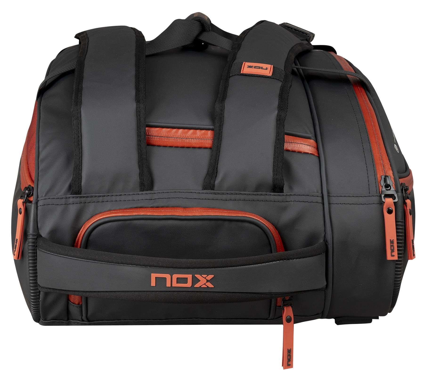 The NOX Luxury Open Series Padel Racket Bag in black with red accents, featuring multiple compartments, padded shoulder straps, and NOX ThermoTech technology, is displayed against a white background.