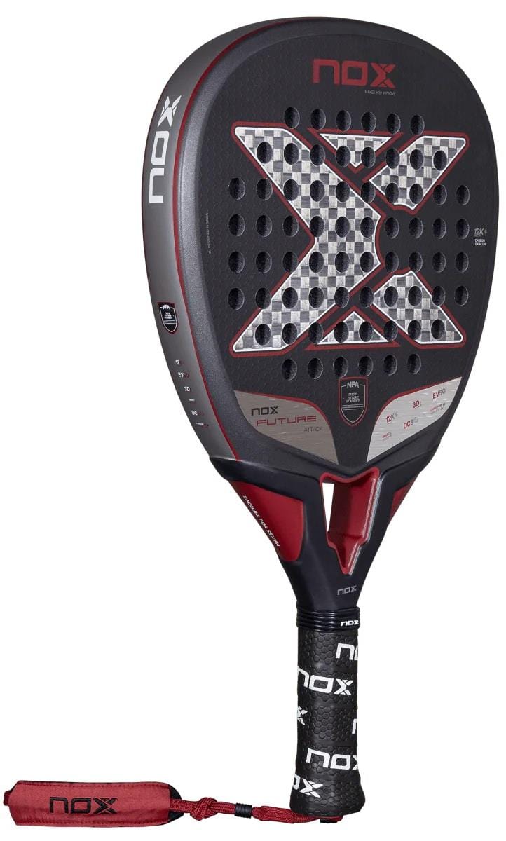 The NOX NFA Future Attack 12K Alum Padel Racket (Black/Red) features a bold "X" design, durable 12K Carbon Alum construction, perforated surface, and a secure wrist strap for enhanced play.