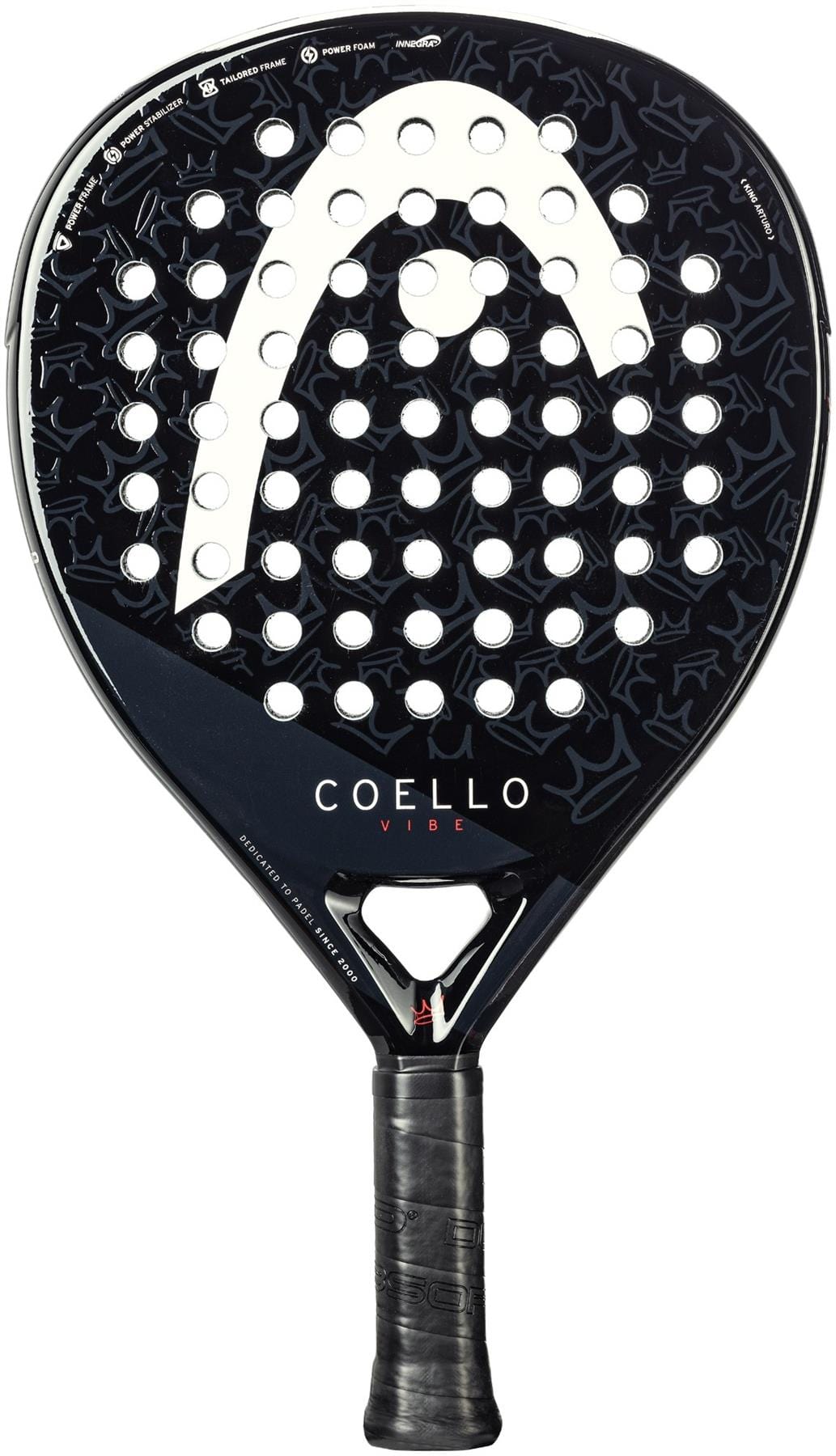The HEAD Coello Vibe 2025 Padel Racket - Black features a textured surface, multiple round holes, "HEAD" logo on top, and signature "COELLO VIBE" above the handle wrapped in black grip tape.