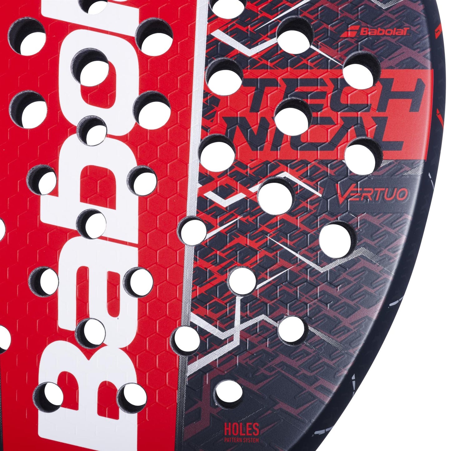 Close-up of the Babolat Technical Vertuo 2.5 Padel Racket in red and black, featuring a honeycomb pattern with circular holes and "Technical Vertuo" on the surface—engineered by Babolat for comfort and powerful, easy play.
