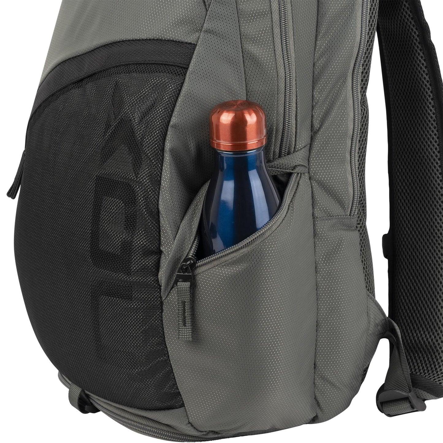 A close-up of the NOX Street Series Padel Backpack - Grey by NOX shows ergonomic padded straps, a mesh pocket holding a blue water bottle with a metallic copper cap, and detailed fabric and zipper features.