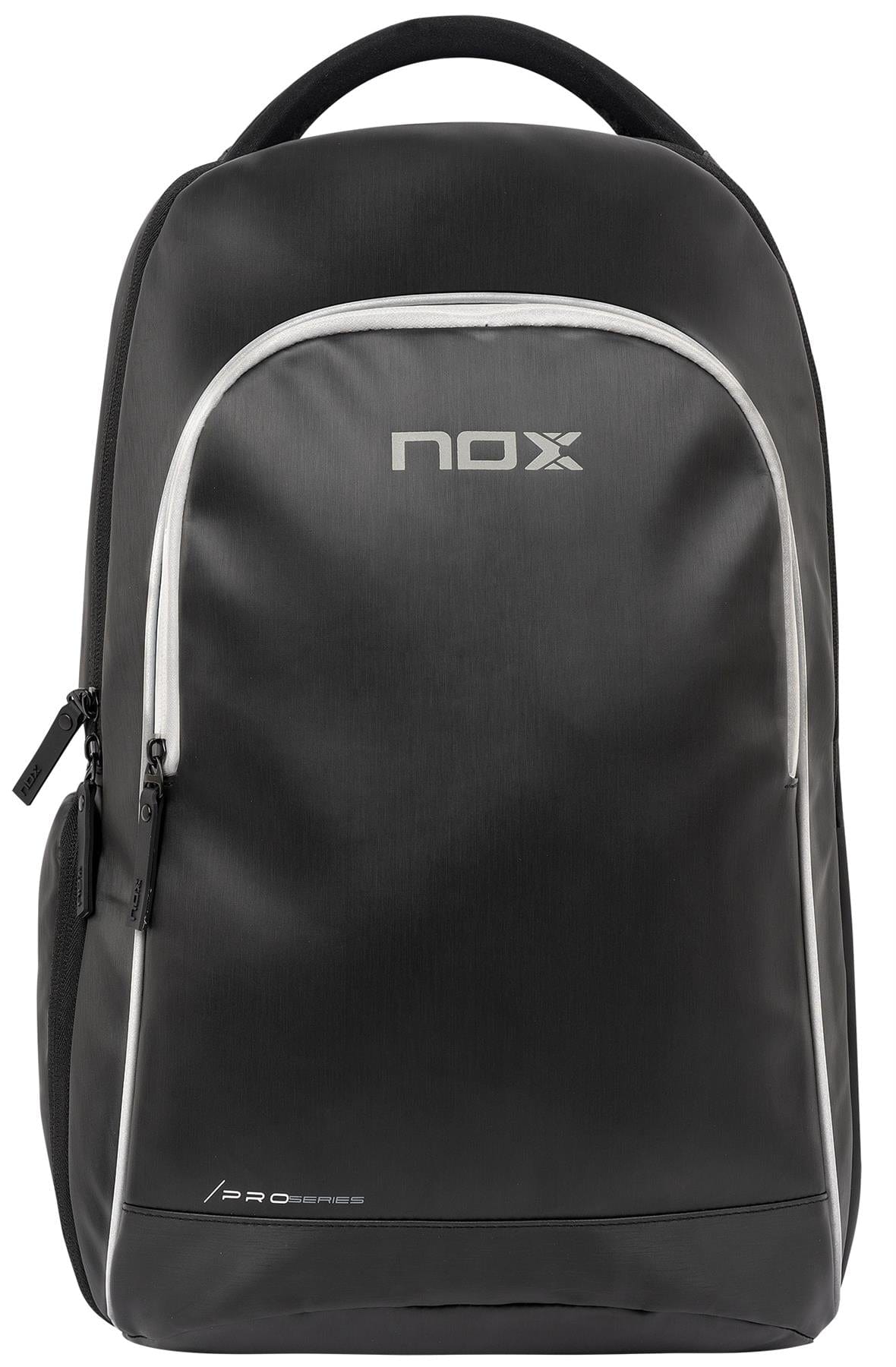 The NOX Pro Series Padel Backpack - Black features white zippers and accents, the NOX logo and "Pro Series" on the front, a spacious front zip pocket, large storage capacity, and a convenient top handle.