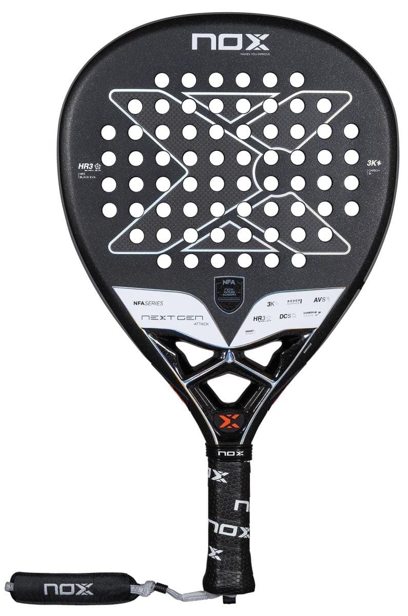 The NOX NFA Nextgen Pro Attack 3K Padel Racket in black/silver features a large X design, circular precision holes, NOX branding, and a black grip handle with a "NOX" wrist strap.